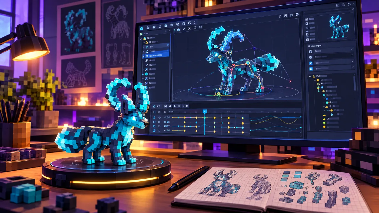 Custom Minecraft creature animation rig and timeline in a modeling studio