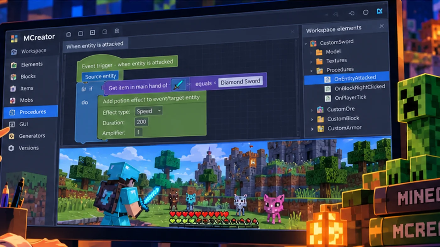 Custom Minecraft modding scene with the MCreator visual programming interface