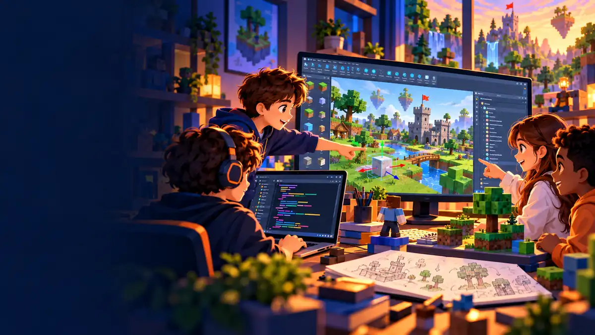 Three students collaborating on a Roblox Studio game project